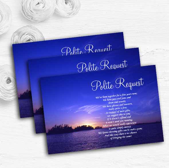 Beautiful Blue Purple Sunset Beach Custom Wedding Gift Request Money Poem Cards