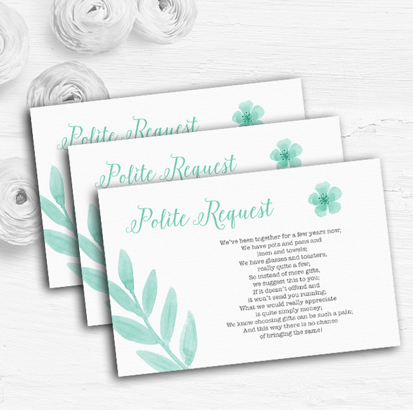 Watercolour Subtle Teal Mint Green Custom Wedding Gift Request Money Poem Cards