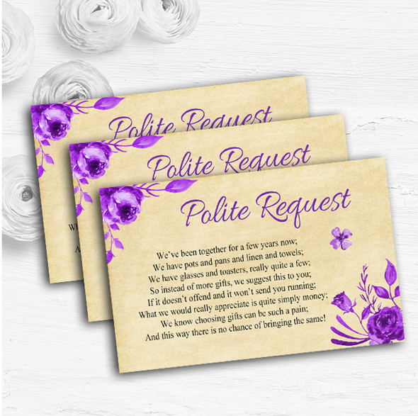 Vintage Cadbury Purple Watercolour Floral Custom Wedding Gift Money Poem Cards