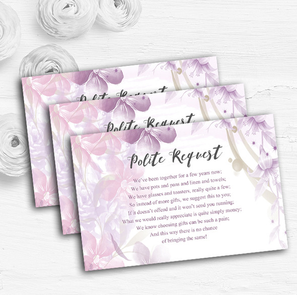 Pale Purple Watercolour Floral Custom Wedding Gift Request Money Poem Cards