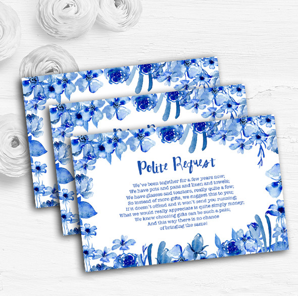 Watercolour Indigo Blue Floral Custom Wedding Gift Request Money Poem Cards