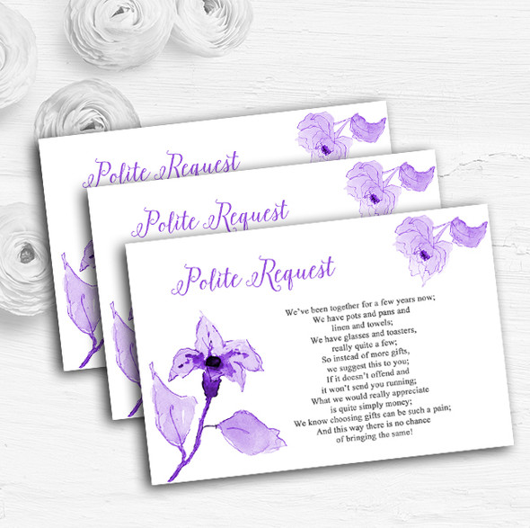 Beautiful Cadbury Purple Watercolour Flowers Wedding Gift Money Poem Cards