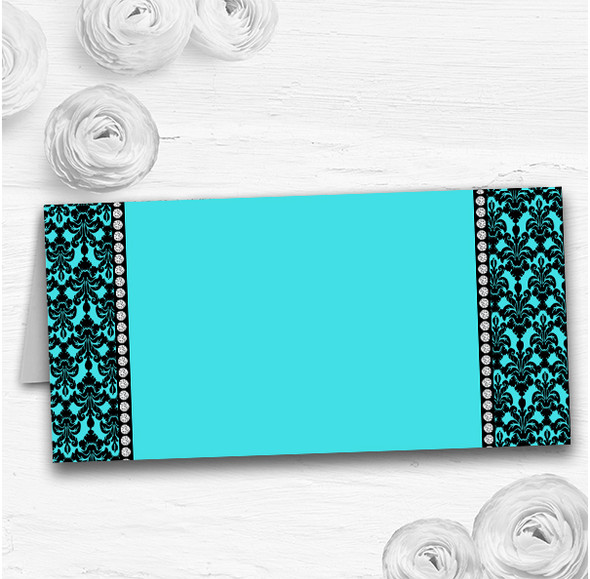 Aqua Sky Blue Black Damask & Diamond Wedding Table Seating Name Place Cards