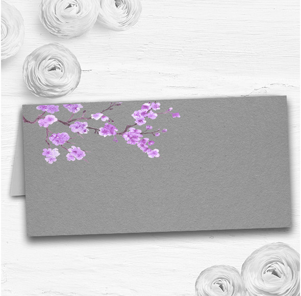 Rustic Vintage Dark Grey & Purple Blossom Wedding Table Seating Name Place Cards