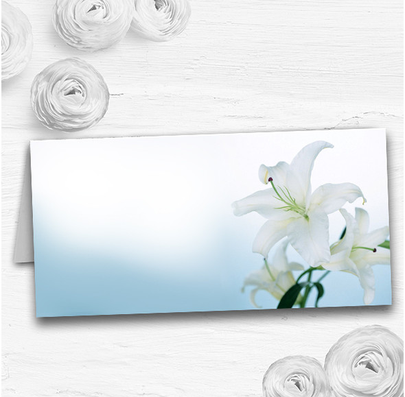 White Blue Lily Flower Wedding Table Seating Name Place Cards