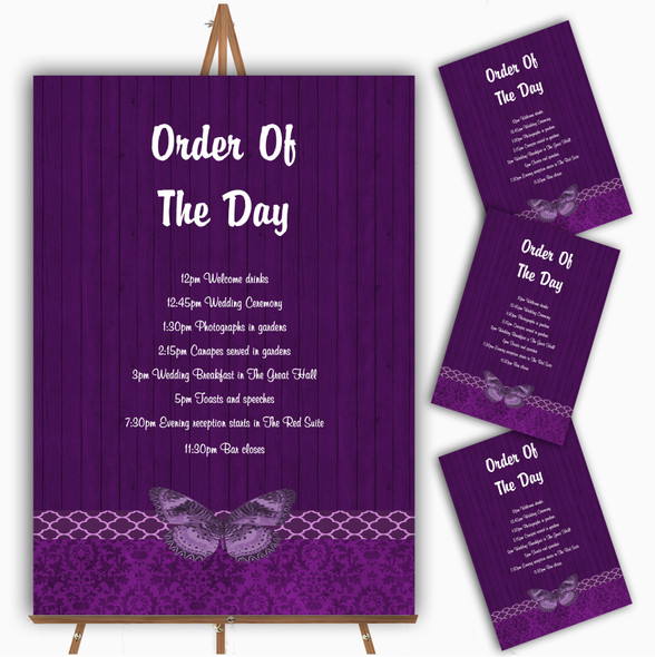 Rustic Vintage Wood Butterfly Purple Personalised Wedding Order Of The Day Cards