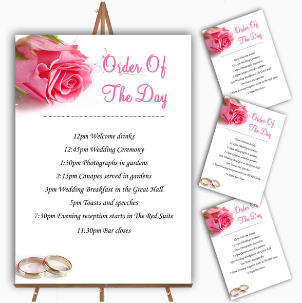Gorgeous Pink Rose And Rings Personalised Wedding Order Of The Day Cards & Signs