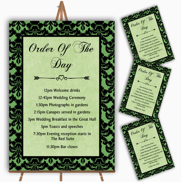 Green Black Damask & Diamond Personalised Wedding Order Of The Day Cards & Signs