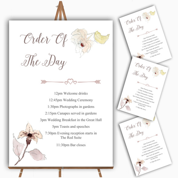 Beautiful Peach Watercolour Flowers Personalised Wedding Order Of The Day Cards