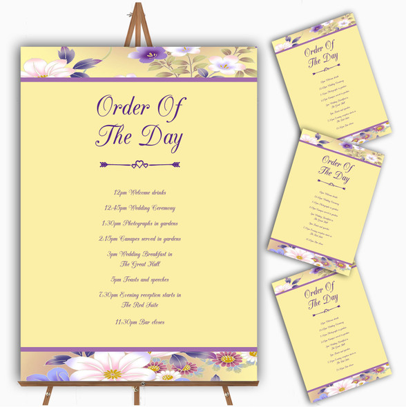 Yellow Lilac Floral Vintage Personalised Wedding Order Of The Day Cards & Signs