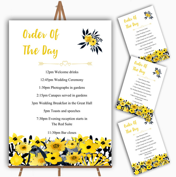 Black & Yellow Watercolour Flowers Personalised Wedding Order Of The Day Cards