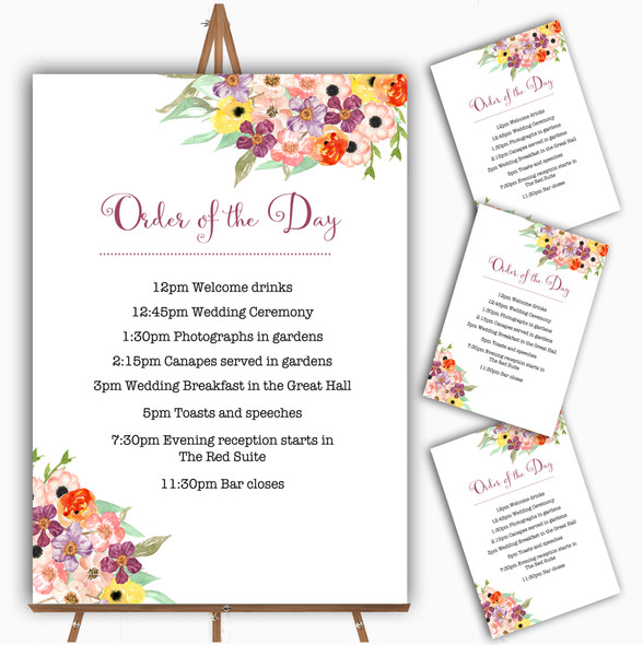 Floral Watercolour Bouquet Personalised Wedding Order Of The Day Cards & Signs