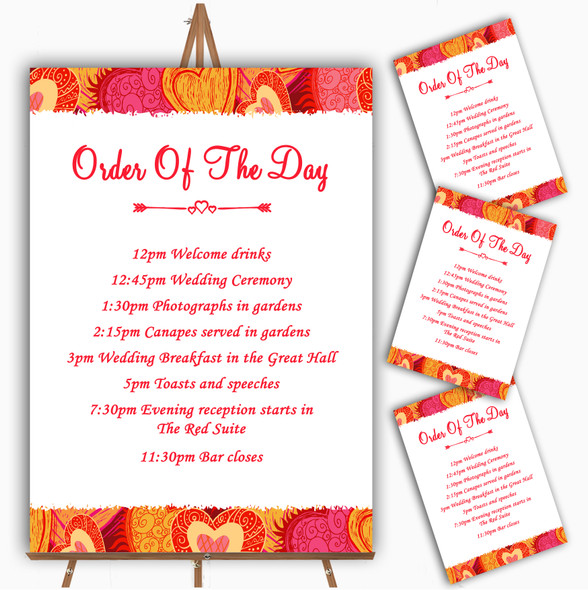 Orange Red And Pink Hearts Personalised Wedding Order Of The Day Cards & Signs
