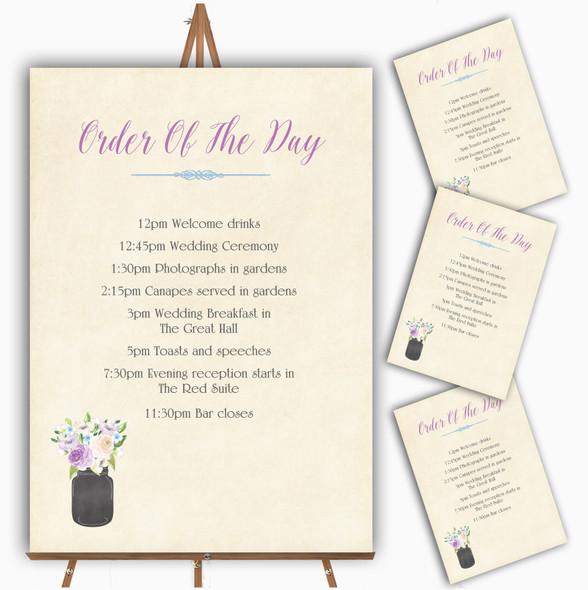 Lilac & Blue Flower Vase Vintage Personalised Wedding Order Of The Day Cards