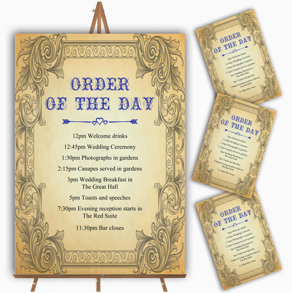 Typography Vintage Blue Postcard Personalised Wedding Order Of The Day Cards