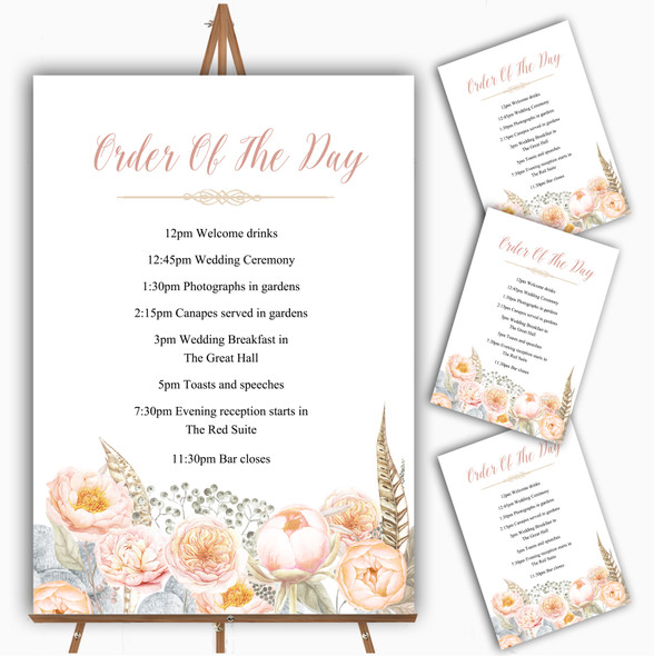 Coral Pink Peach Peonies Personalised Wedding Order Of The Day Cards & Signs