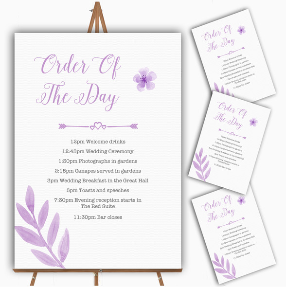 Watercolour Subtle Lilac Personalised Wedding Order Of The Day Cards & Signs