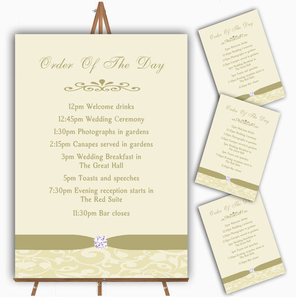 Cream Pale Gold Beige Floral Damask Diamante Wedding Order Of The Day Cards