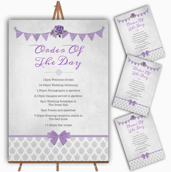 Vintage Rustic Style Bunting Purple & Silver Wedding Order Of The Day Cards