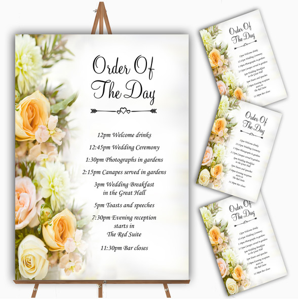 Peach Ivory Cream Rose Garden Personalised Wedding Order Of The Day Cards