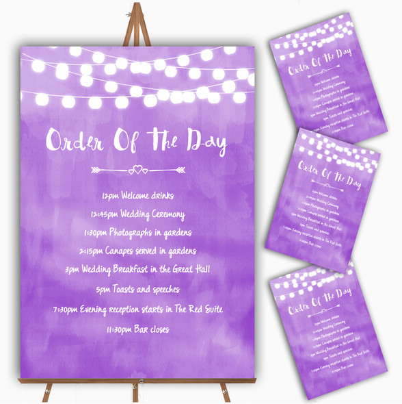 Purple and Lights Watercolour Personalised Wedding Order Of The Day Cards