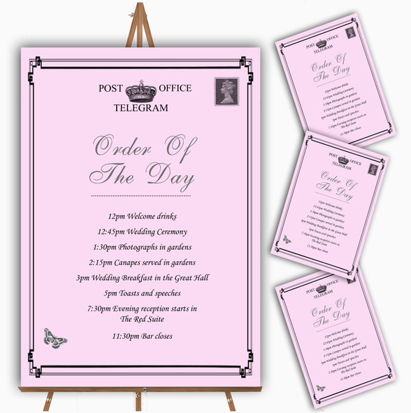 Vintage Telegram Elegant Pink Personalised Wedding Order Of The Day Cards