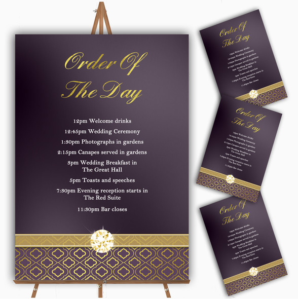 Purple Satin And Gold Personalised Wedding Order Of The Day Cards & Signs