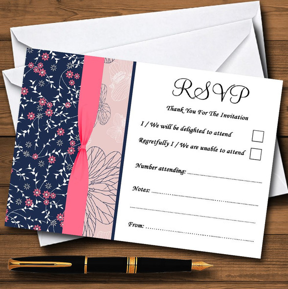 Navy Blue & Coral Pink Floral RSVP Cards