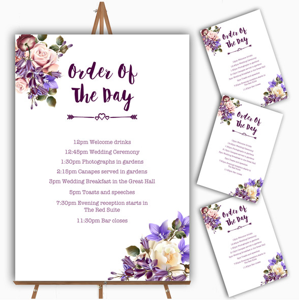 White Lilac & Blush Pink Watercolour Rose Wedding Order Of The Day Cards