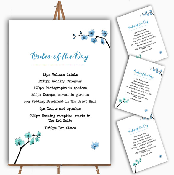 Blue & Green Cherry Blossom Watercolour Wedding Order Of The Day Cards