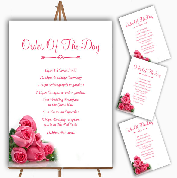 Pink Pretty Roses Personalised Wedding Order Of The Day Cards & Signs