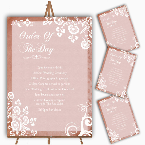 Rustic Blush Lace Personalised Wedding Order Of The Day Cards & Signs