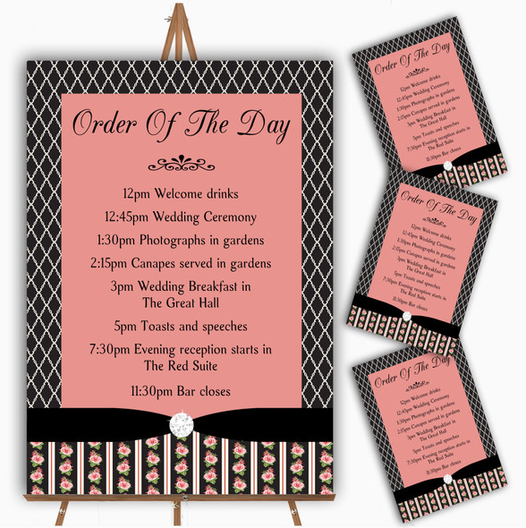 Black And Coral Pink Rose Shabby Chic Wedding Order Of The Day Cards