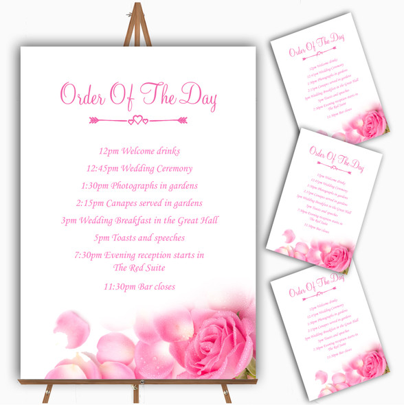 Pink Rose Petals Personalised Wedding Order Of The Day Cards & Signs