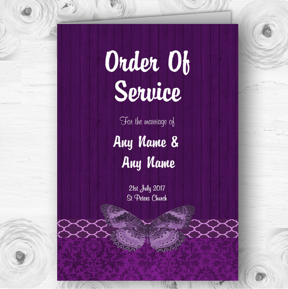 Rustic Vintage Wood Butterfly Purple Wedding Double Sided Cover Order Of Service