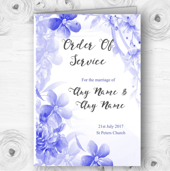 Blue Watercolour Floral Personalised Wedding Double Sided Cover Order Of Service