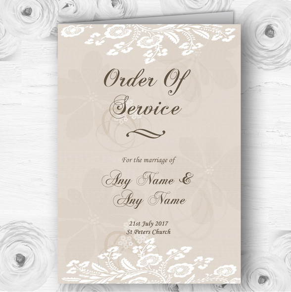 Vintage Lace Beige Chic Personalised Wedding Double Sided Cover Order Of Service