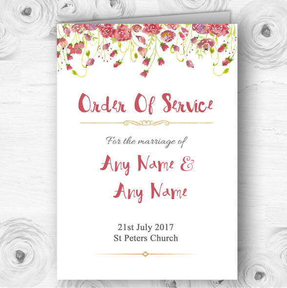 Plum Pink Watercolour Floral Personalised Wedding Double Cover Order Of Service