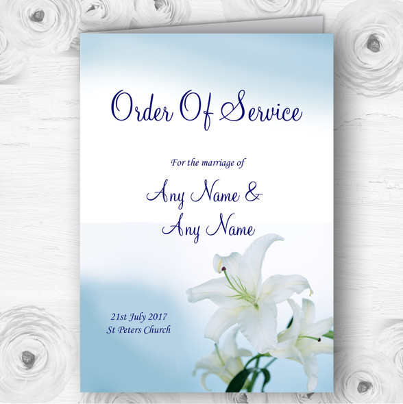 White Blue Lily Flower Personalised Wedding Double Sided Cover Order Of Service