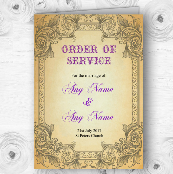 Typography Vintage Purple Postcard Wedding Double Sided Cover Order Of Service