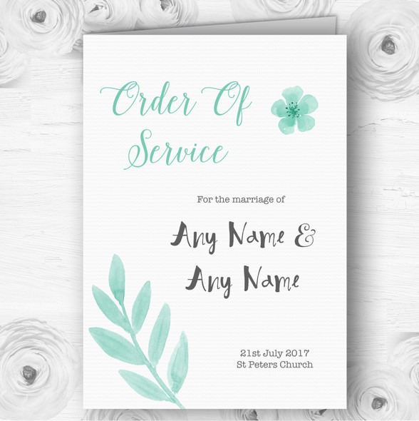 Watercolour Subtle Teal Mint Green Wedding Double Sided Cover Order Of Service