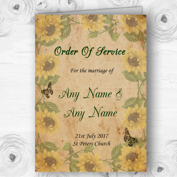 Sunflowers Vintage Shabby Chic Postcard Wedding Double Cover Order Of Service