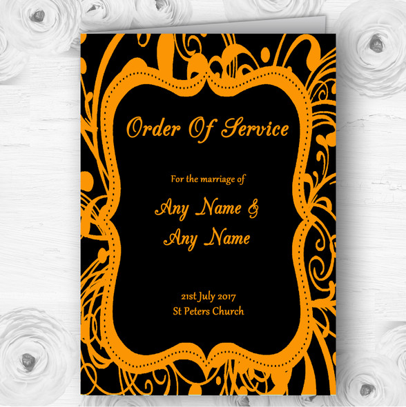 Black & Orange Swirl Deco Personalised Wedding Double Cover Order Of Service
