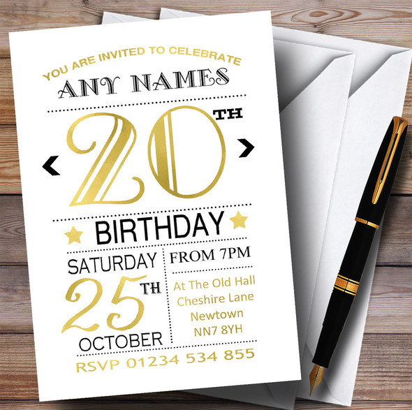 White Black & Gold 20th Customised Birthday Party Invitations
