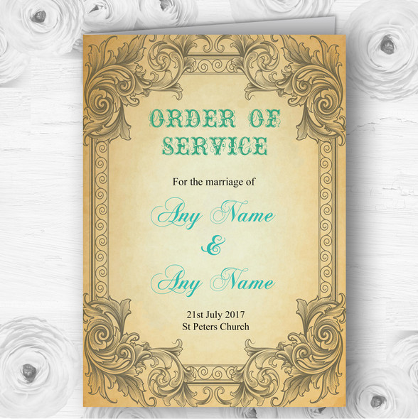 Typography Vintage Turquoise Postcard Wedding Double Cover Order Of Service