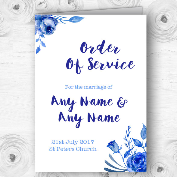 Blue & White Watercolour Floral Wedding Double Sided Cover Order Of Service