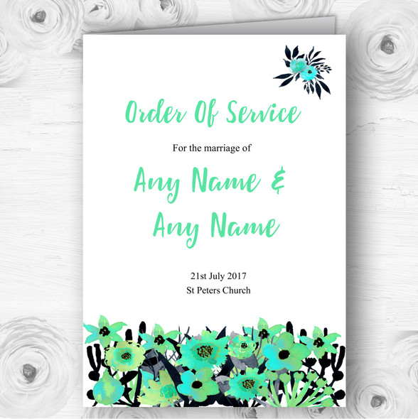 Black & Aqua Mint Green Watercolour Flowers Wedding Cover Order Of Service