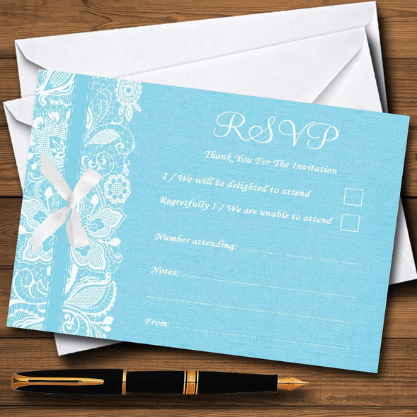 Vintage Aqua Sky Blue Burlap & Lace RSVP Cards