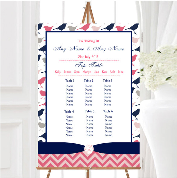 Coral Pink & Navy Blue Shabby Chic Birds Personalised Wedding Seating Table Plan