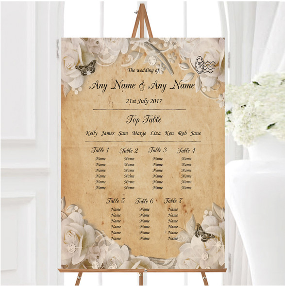 White Roses Vintage Shabby Chic Postcard Personalised Wedding Seating Table Plan